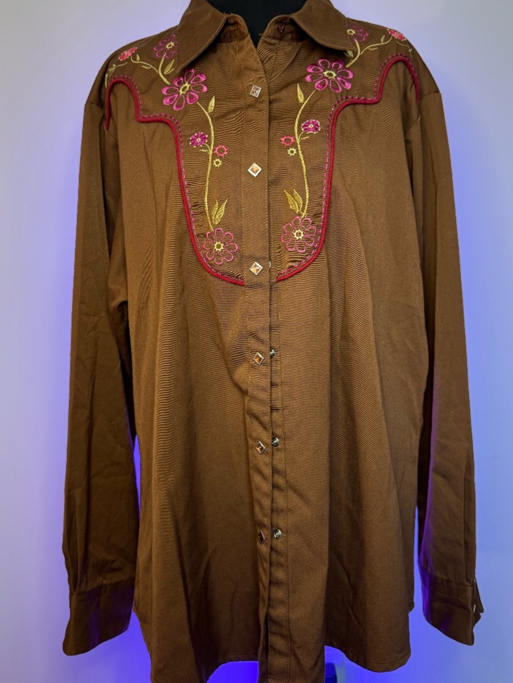 Vintage Wrangler Western Embroidered Button Down Brown Floral Pearl Snap Shirt X